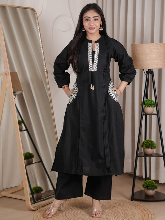 Black Dabu Cotton A-Line Kurta Set with Handcrafted Embroidery
