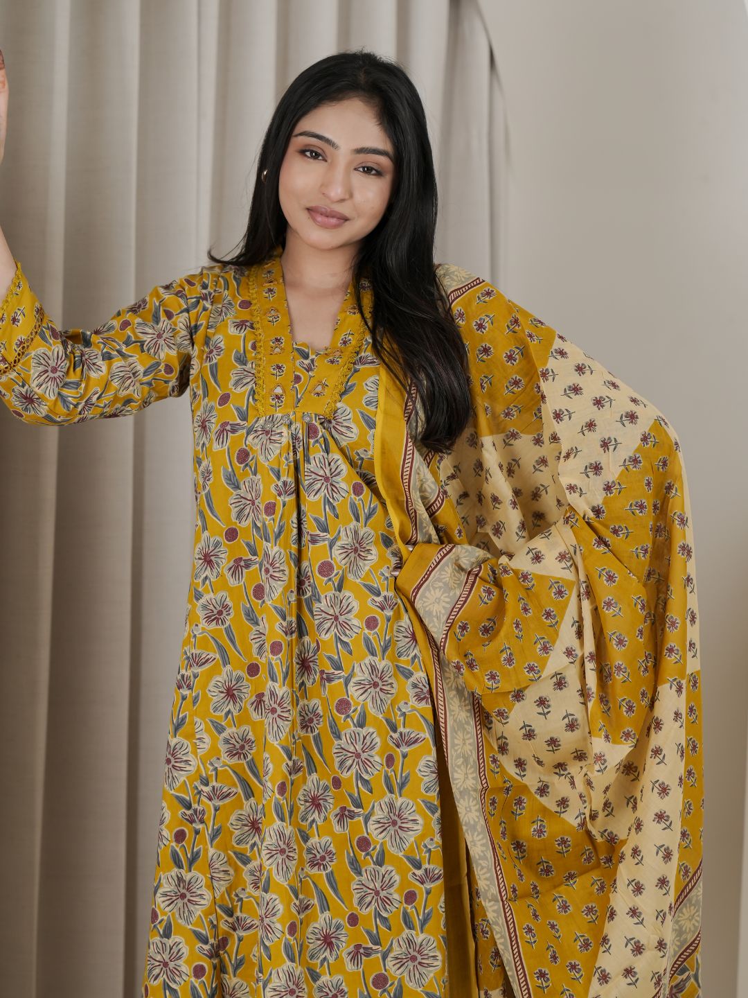 Mustard Yellow Floral Jaipuri Cotton A-Line Kurta Set with Printed Dupatta