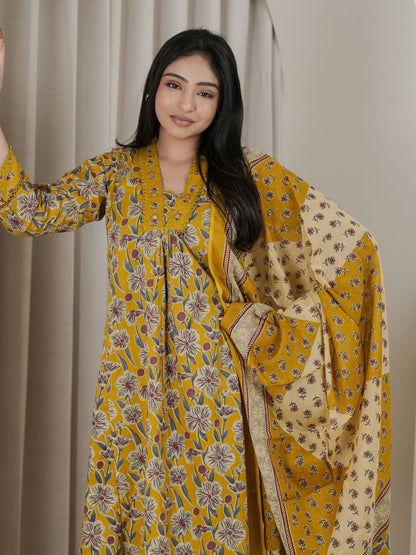 Mustard Yellow Floral Jaipuri Cotton A-Line Kurta Set with Printed Dupatta