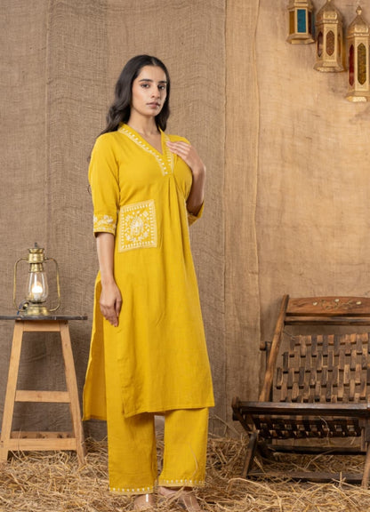 Mustard Yellow Cotton Slub Kurta Set with Pockets