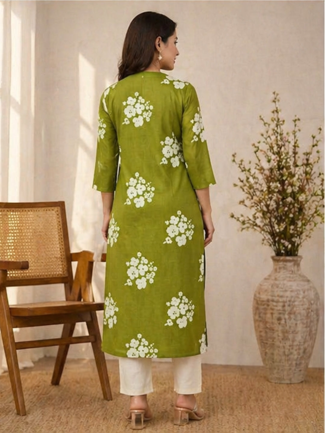 Elegant Green Cotton Kurti with White Floral Print