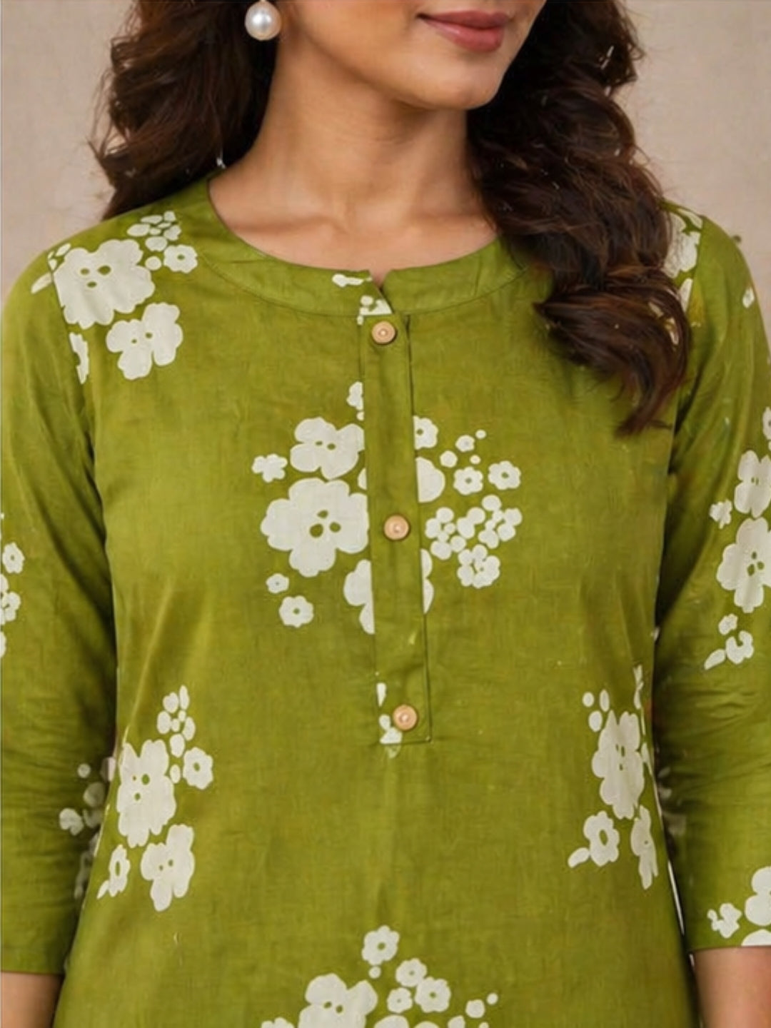 Elegant Green Cotton Kurti with White Floral Print