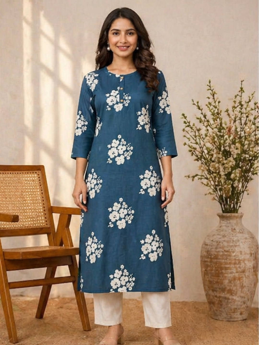 Elegant Teal Blue Cotton Kurti with White Floral Print