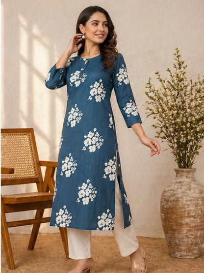 Elegant Teal Blue Cotton Kurti with White Floral Print