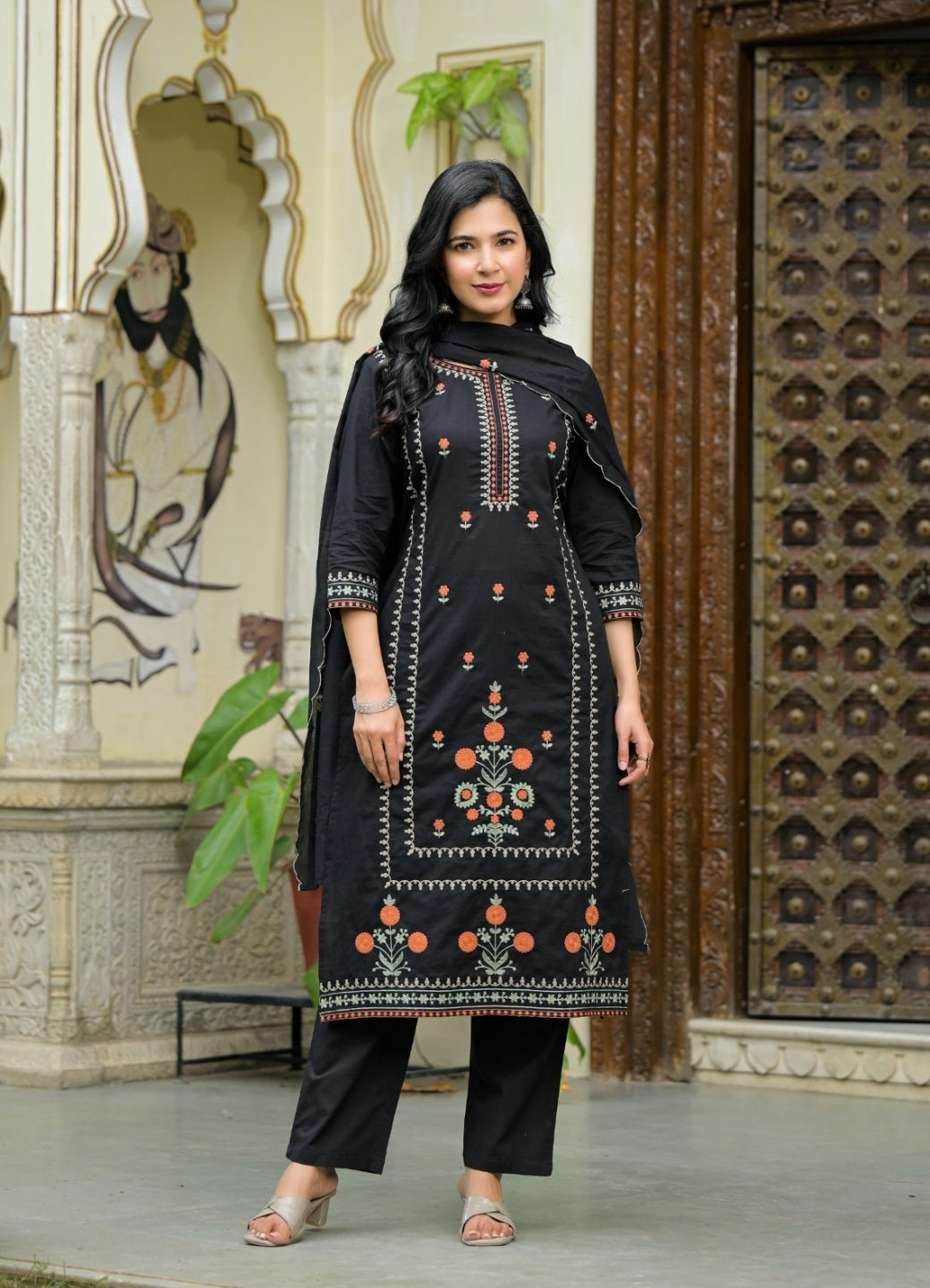 Black Cotton Suit Set with Multicolor Embroidered Floral Motifs – Ethnic Wear