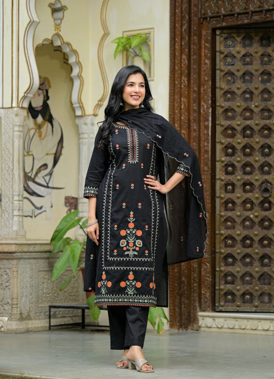 Black Cotton Suit Set with Multicolor Embroidered Floral Motifs – Ethnic Wear