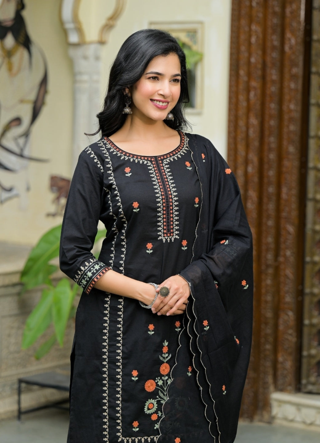 Black Cotton Suit Set with Multicolor Embroidered Floral Motifs – Ethnic Wear