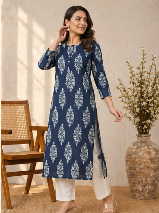 Elegant Navy Blue Cotton Kurti with Ethnic White Print