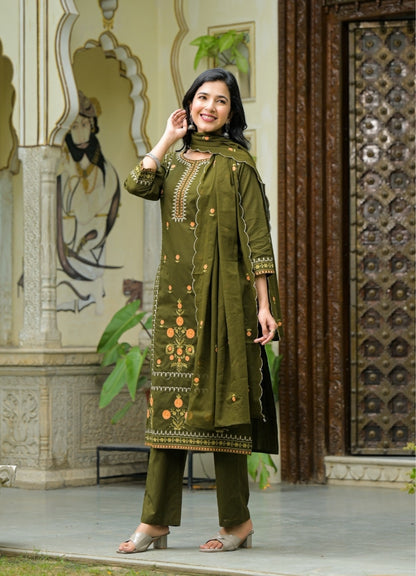 Olive Green Cotton Suit Set with Multicolor Embroidered Floral Motifs – Ethnic Wear