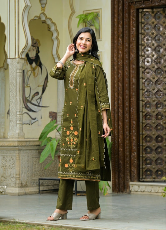 Olive Green Cotton Suit Set with Multicolor Embroidered Floral Motifs – Ethnic Wear