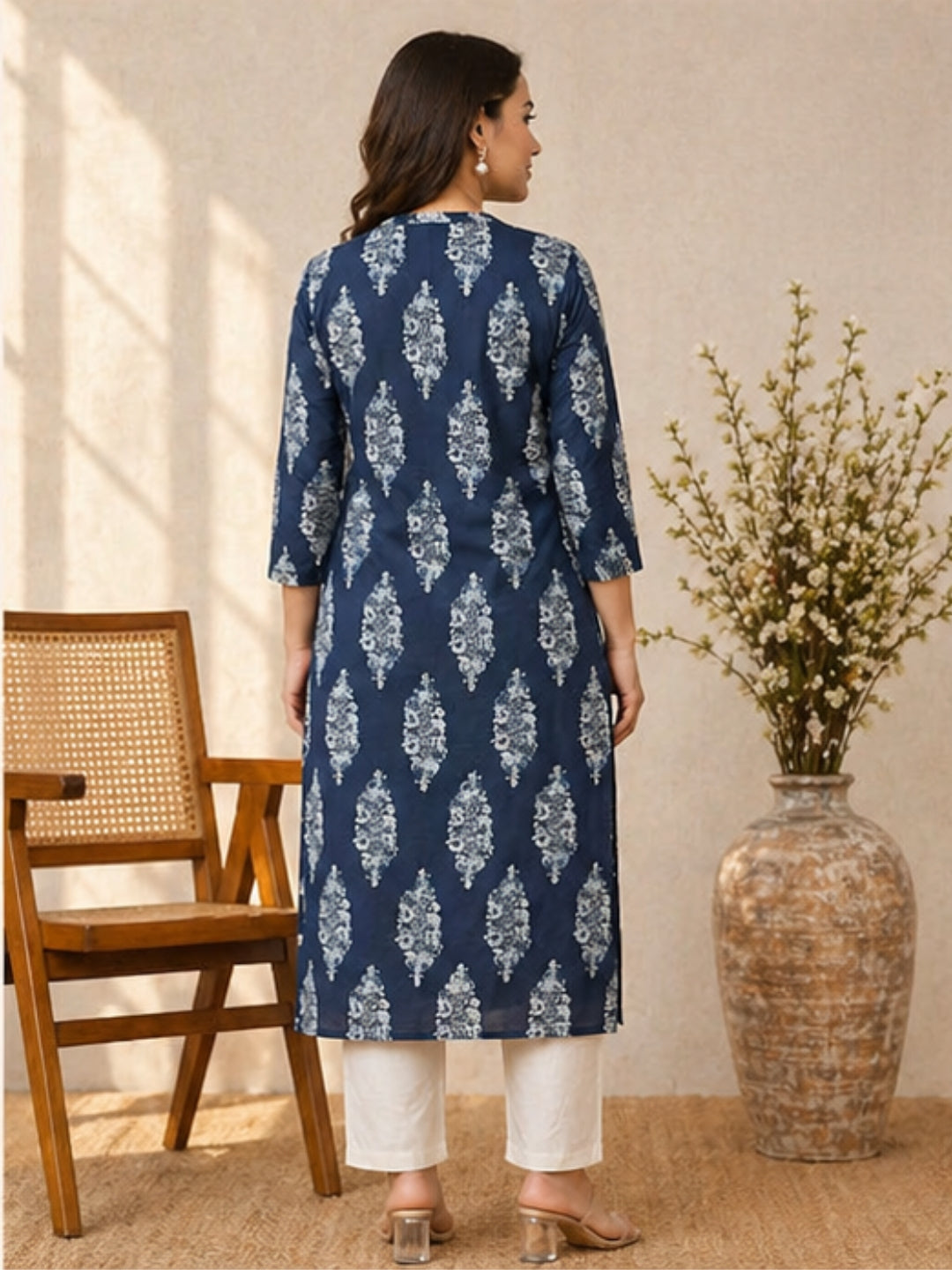 Elegant Navy Blue Cotton Kurti with Ethnic White Print