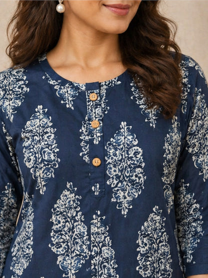 Elegant Navy Blue Cotton Kurti with Ethnic White Print