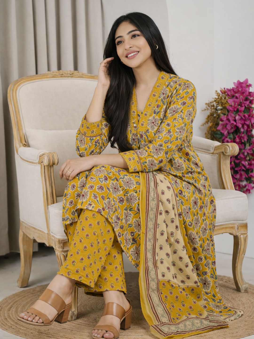 Mustard Yellow Floral Jaipuri Cotton A-Line Kurta Set with Printed Dupatta