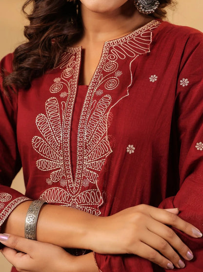 Maroon Pure Cotton Embroidered Kurta Set with Farsi Salwar