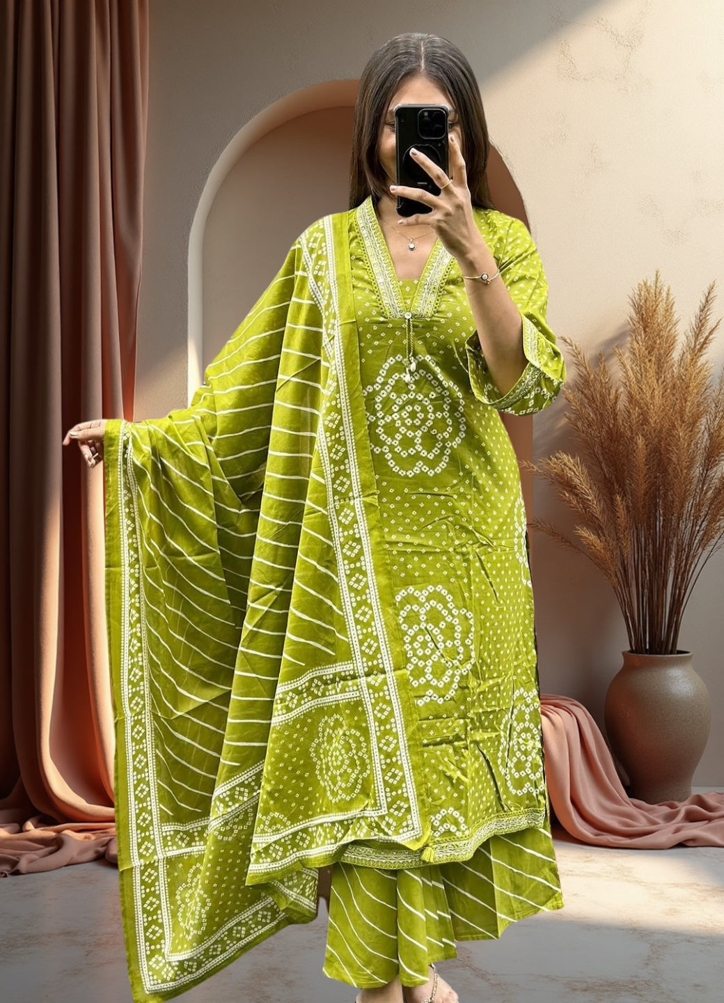 Mehendi Green Cotton Bandhej Suit Set with Printed Dupatta – Ethnic Wear