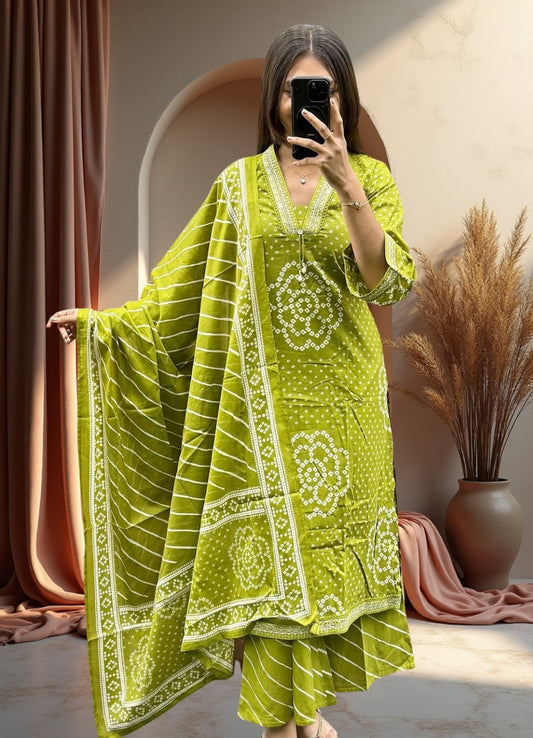 Mehendi Green Cotton Bandhej Suit Set with Printed Dupatta – Ethnic Wear