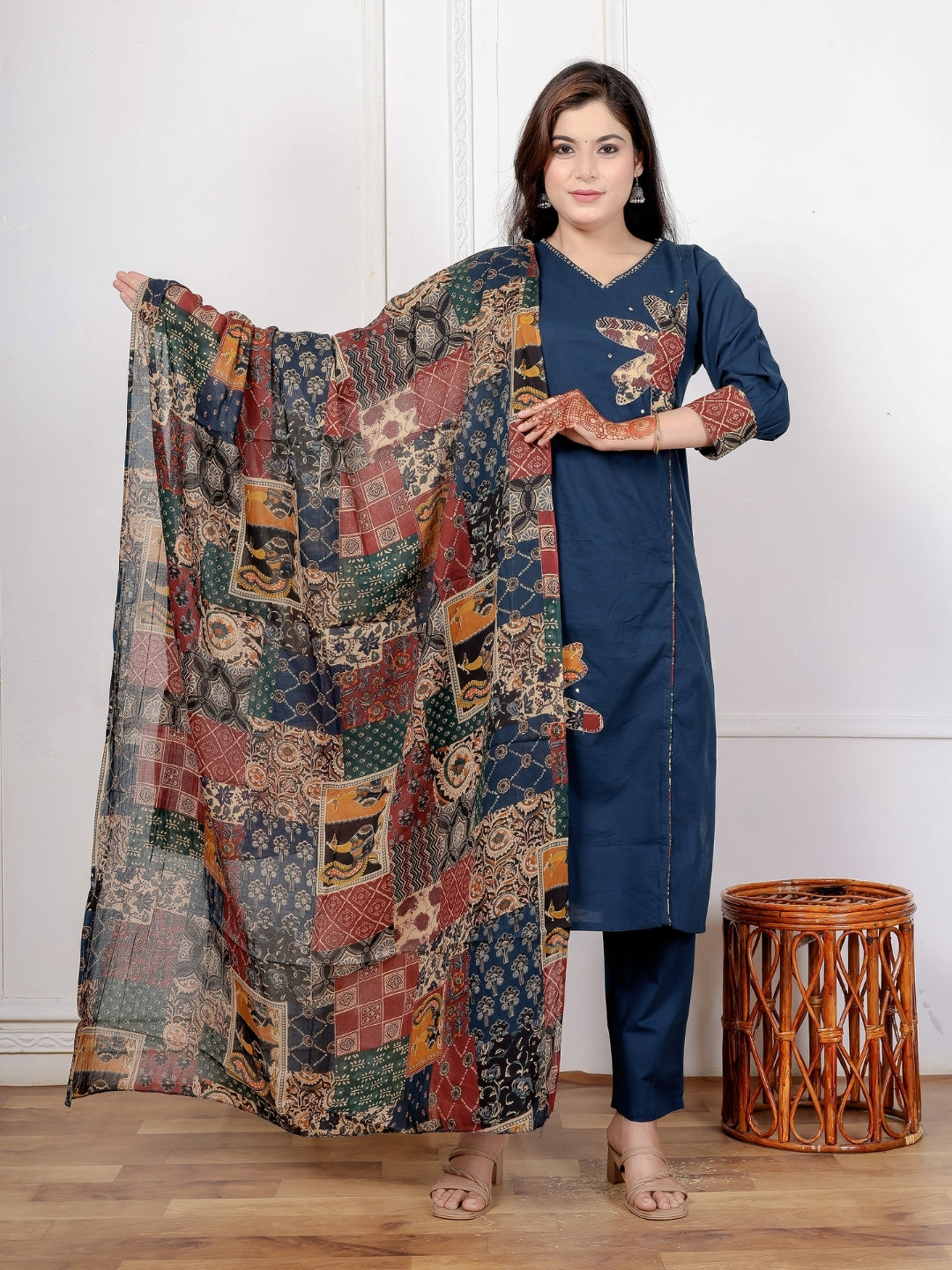 Navy Blue Cotton Kurta Set with Patch Handwork and Printed Dupatta – Ethnic Wear