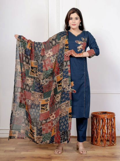 Navy Blue Cotton Kurta Set with Patch Handwork and Printed Dupatta – Ethnic Wear