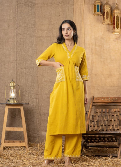 Mustard Yellow Cotton Slub Kurta Set with Pockets