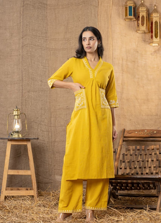 Mustard Yellow Cotton Slub Kurta Set with Pockets