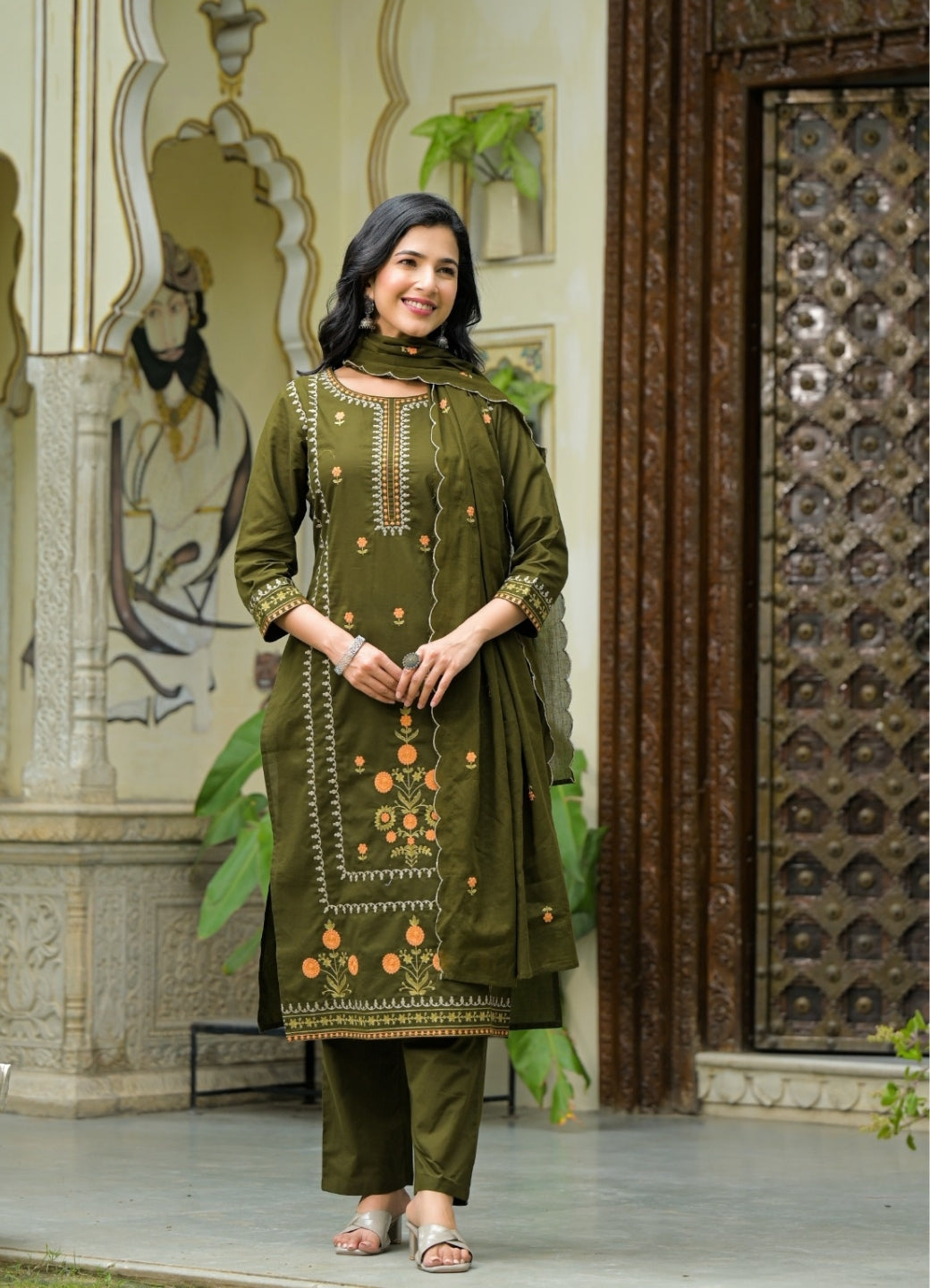 Olive Green Cotton Suit Set with Multicolor Embroidered Floral Motifs – Ethnic Wear