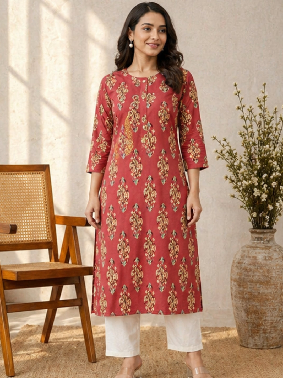 Elegant Rust Red Cotton Kurti with Traditional Ethnic Print