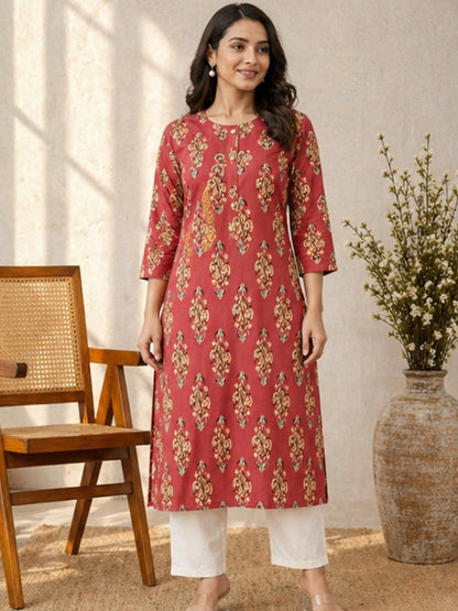 Elegant Rust Red Cotton Kurti with Traditional Ethnic Print