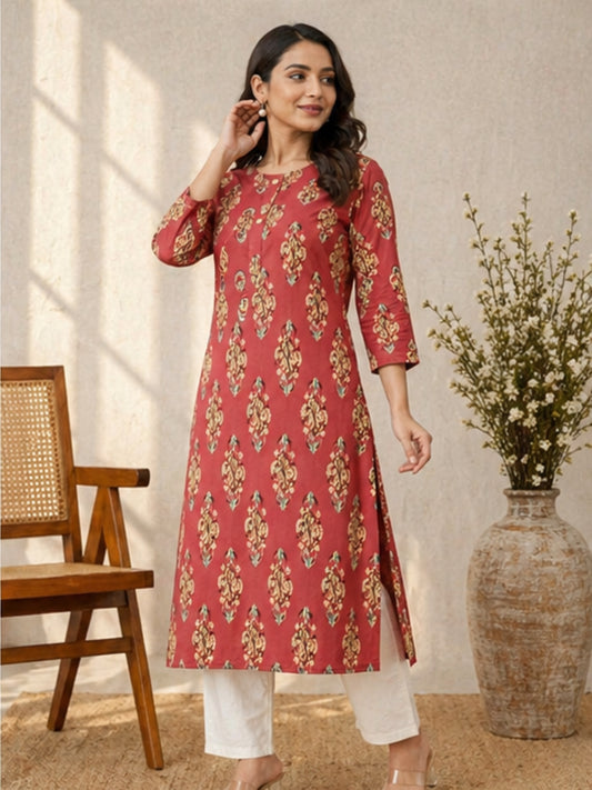 Elegant Rust Red Cotton Kurti with Traditional Ethnic Print