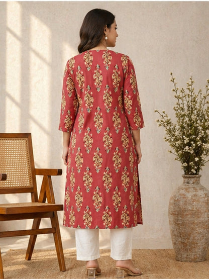 Elegant Rust Red Cotton Kurti with Traditional Ethnic Print
