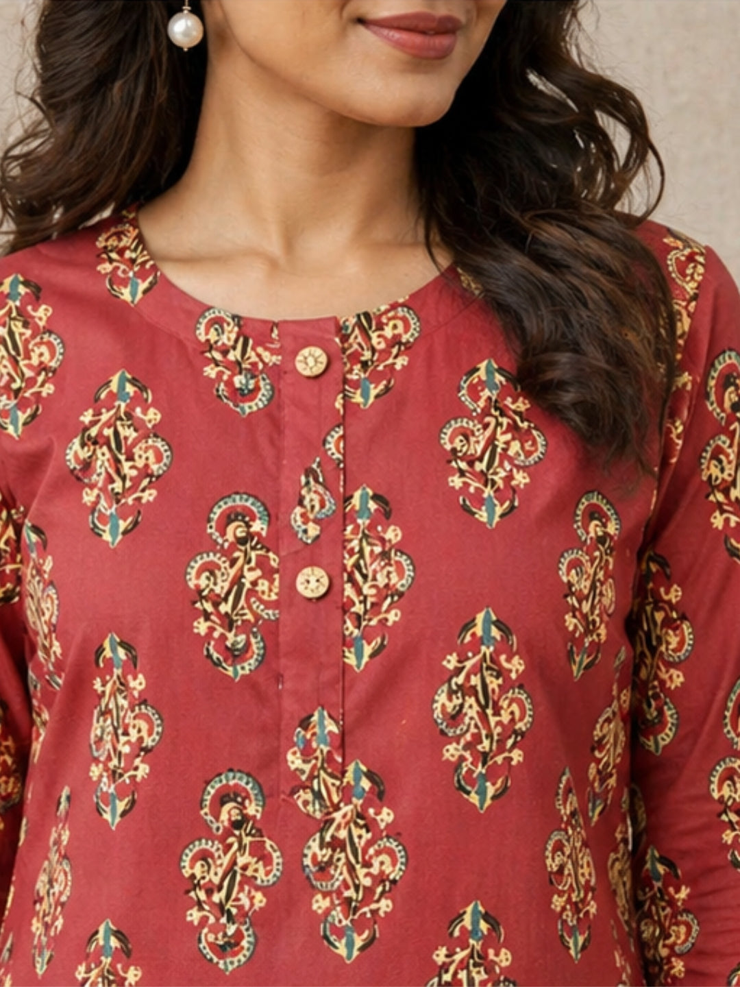 Elegant Rust Red Cotton Kurti with Traditional Ethnic Print