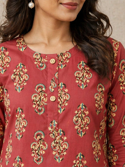 Elegant Rust Red Cotton Kurti with Traditional Ethnic Print