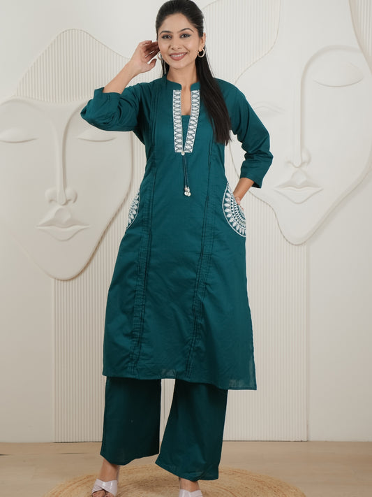 Peacock Blue Dabu Cotton A-Line Kurta Set with Handcrafted Embroidery