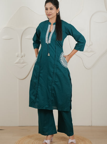 Peacock Blue Dabu Cotton A-Line Kurta Set with Handcrafted Embroidery