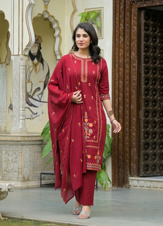 Maroon Cotton Suit Set with Multicolor Embroidered Floral Motifs – Ethnic Wear