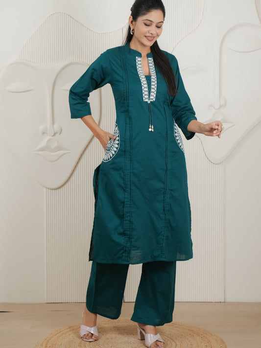 Peacock Blue Dabu Cotton A-Line Kurta Set with Handcrafted Embroidery