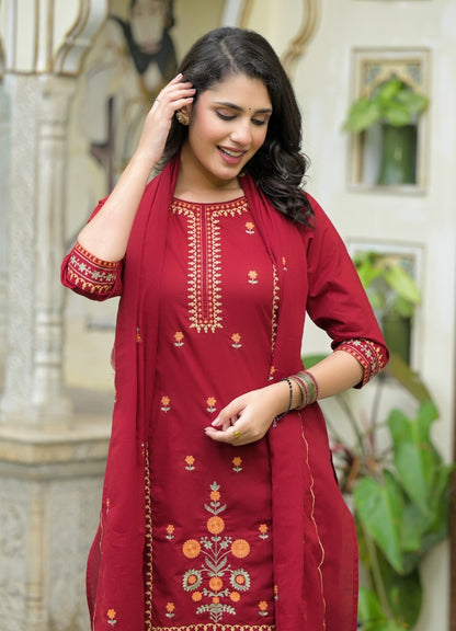Maroon Cotton Suit Set with Multicolor Embroidered Floral Motifs – Ethnic Wear