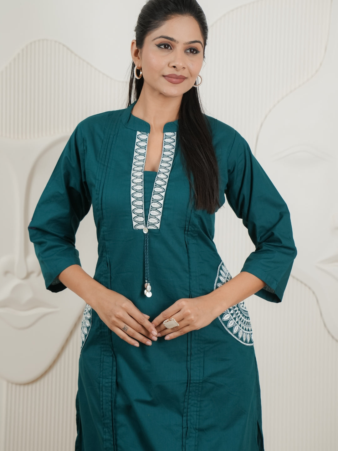 Peacock Blue Dabu Cotton A-Line Kurta Set with Handcrafted Embroidery