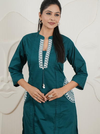 Peacock Blue Dabu Cotton A-Line Kurta Set with Handcrafted Embroidery