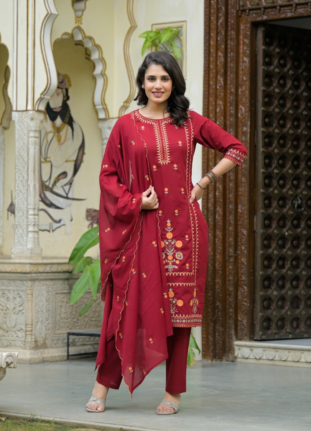 Maroon Cotton Suit Set with Multicolor Embroidered Floral Motifs – Ethnic Wear