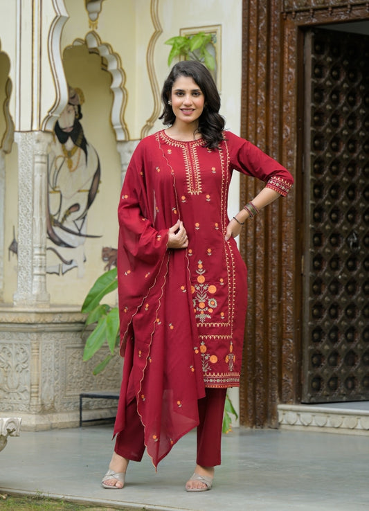 Maroon Cotton Suit Set with Multicolor Embroidered Floral Motifs – Ethnic Wear