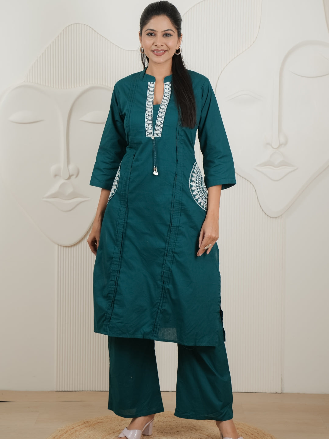 Peacock Blue Dabu Cotton A-Line Kurta Set with Handcrafted Embroidery