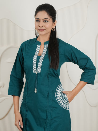 Peacock Blue Dabu Cotton A-Line Kurta Set with Handcrafted Embroidery