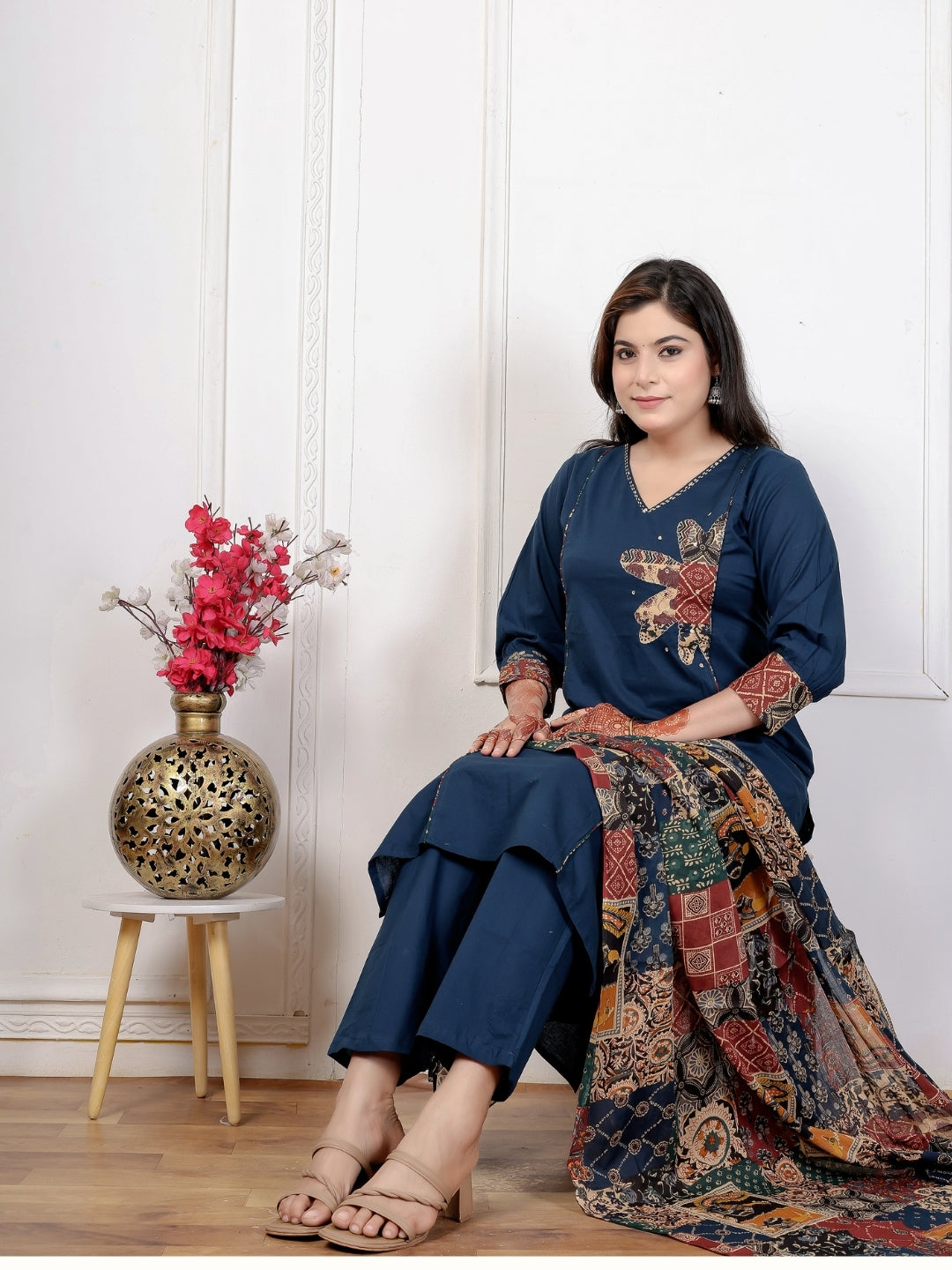 Navy Blue Cotton Kurta Set with Patch Handwork and Printed Dupatta – Ethnic Wear