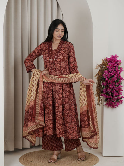Rust Brown Floral Jaipuri Cotton A-Line Kurta Set with Printed Dupatta