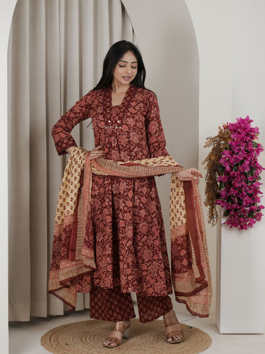 Rust Brown Floral Jaipuri Cotton A-Line Kurta Set with Printed Dupatta