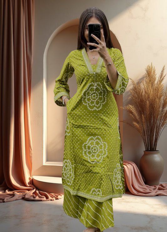 Mehendi Green Cotton Bandhej Suit Set with Printed Dupatta – Ethnic Wear