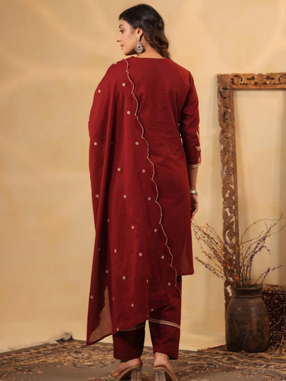 Maroon Pure Cotton Embroidered Kurta Set with Farsi Salwar