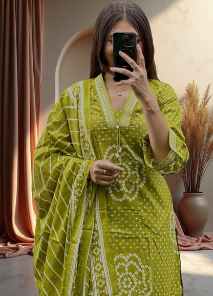 Mehendi Green Cotton Bandhej Suit Set with Printed Dupatta – Ethnic Wear