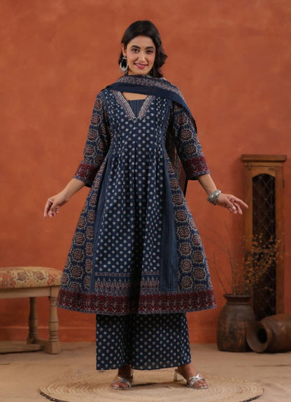 Blue Cotton Printed Anarkali Suit Set with Maroon Border – Daily & Festive Wear