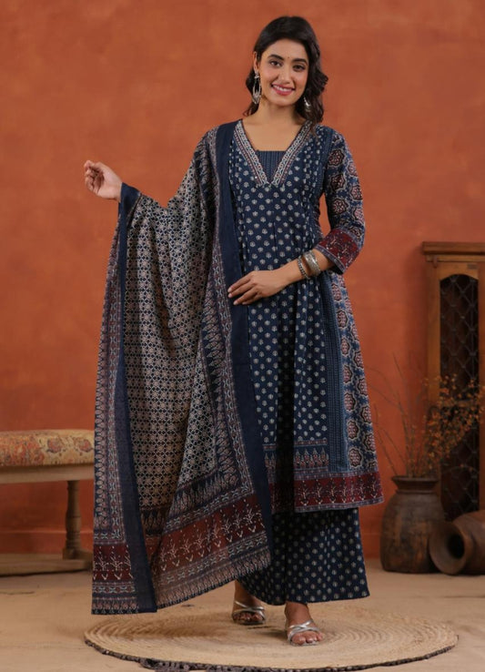 Blue Cotton Printed Anarkali Suit Set with Maroon Border – Daily & Festive Wear